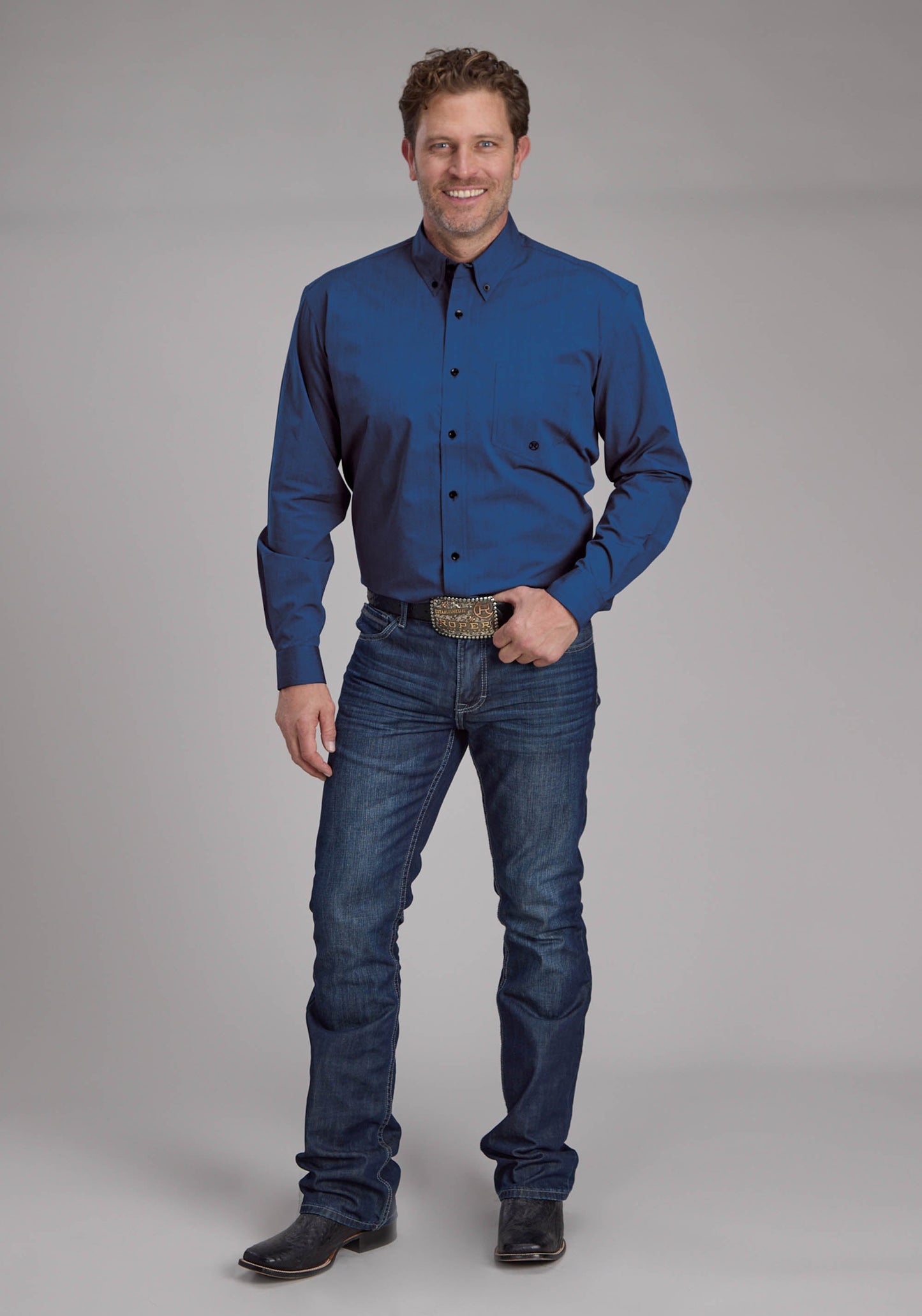 Roper Mens Black Fill Poplin - Blue Long Sleeve Button Western Shirt