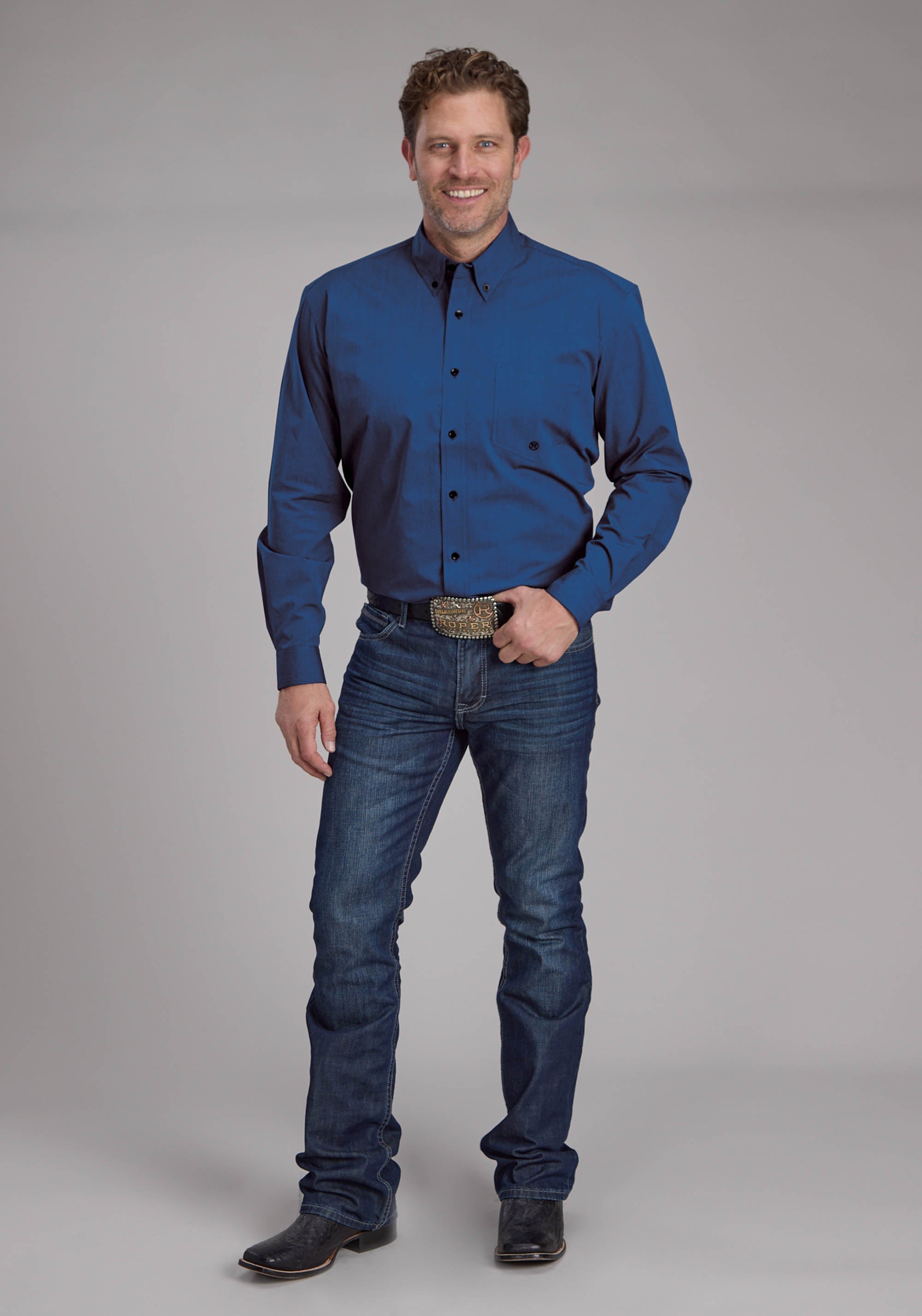 Roper Mens Black Fill Poplin - Blue Long Sleeve Button Western Shirt