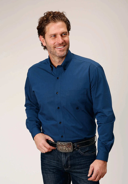 Roper Mens Long Sleeve Button Black Fill Solid Blue Western Shirt - Roper - Flyclothing LLC