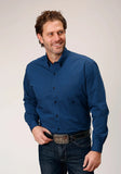 Roper Mens Long Sleeve Button Black Fill Solid Blue Western Shirt - Roper