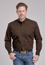 Mens Roper Solid Black Fill Brown Long Sleeve Button Shirt