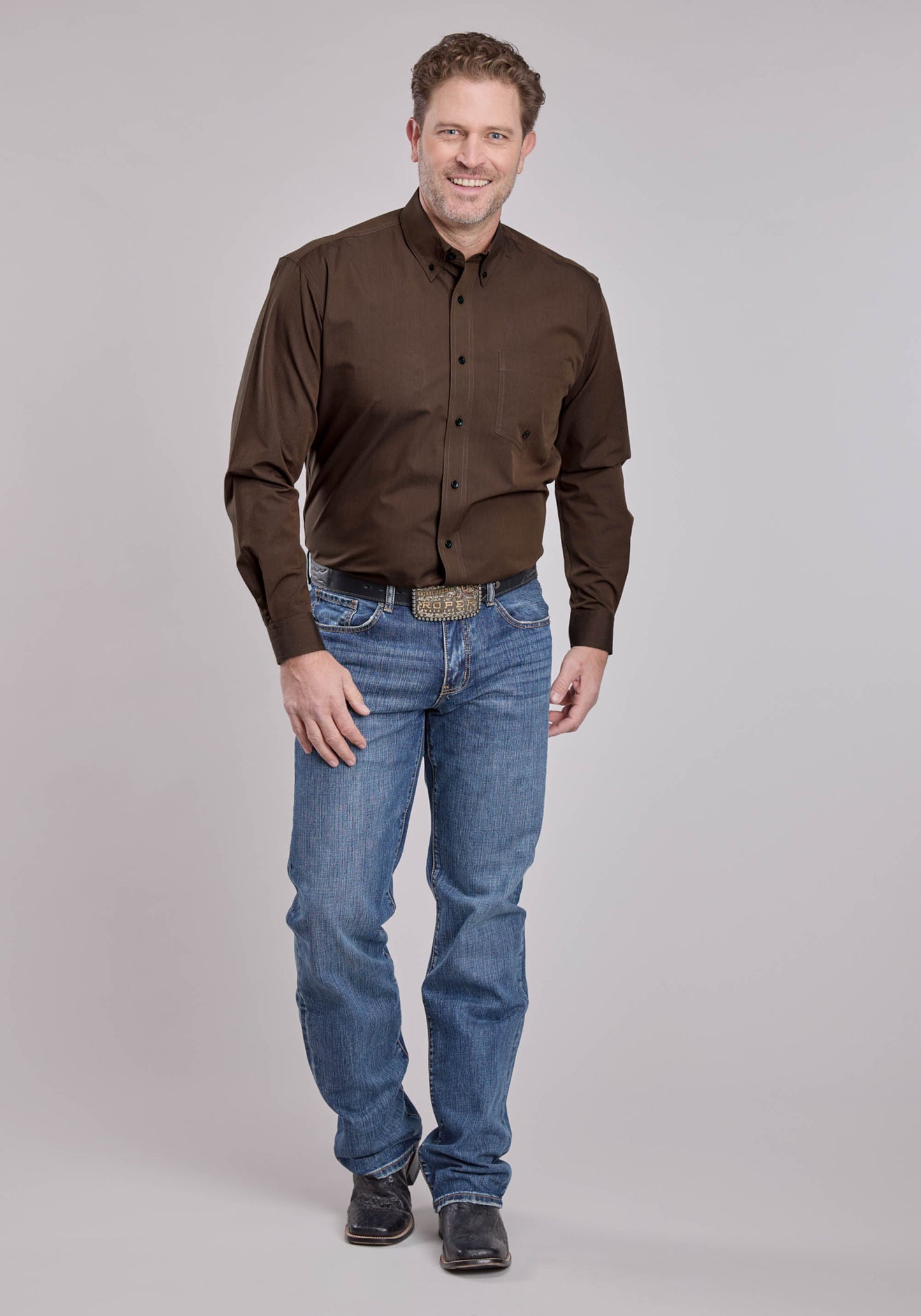 Mens Roper Solid Black Fill Brown Long Sleeve Button Shirt