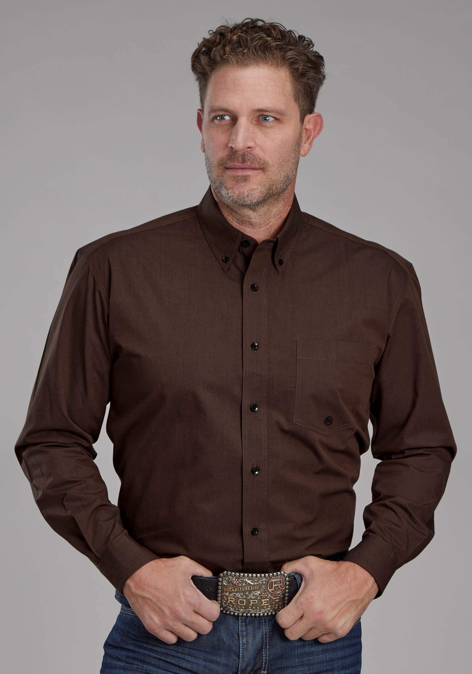 Roper Mens Black Fill Poplin - Polin Brown Long Sleeve Button Western Shirt - Roper - Flyclothing LLC