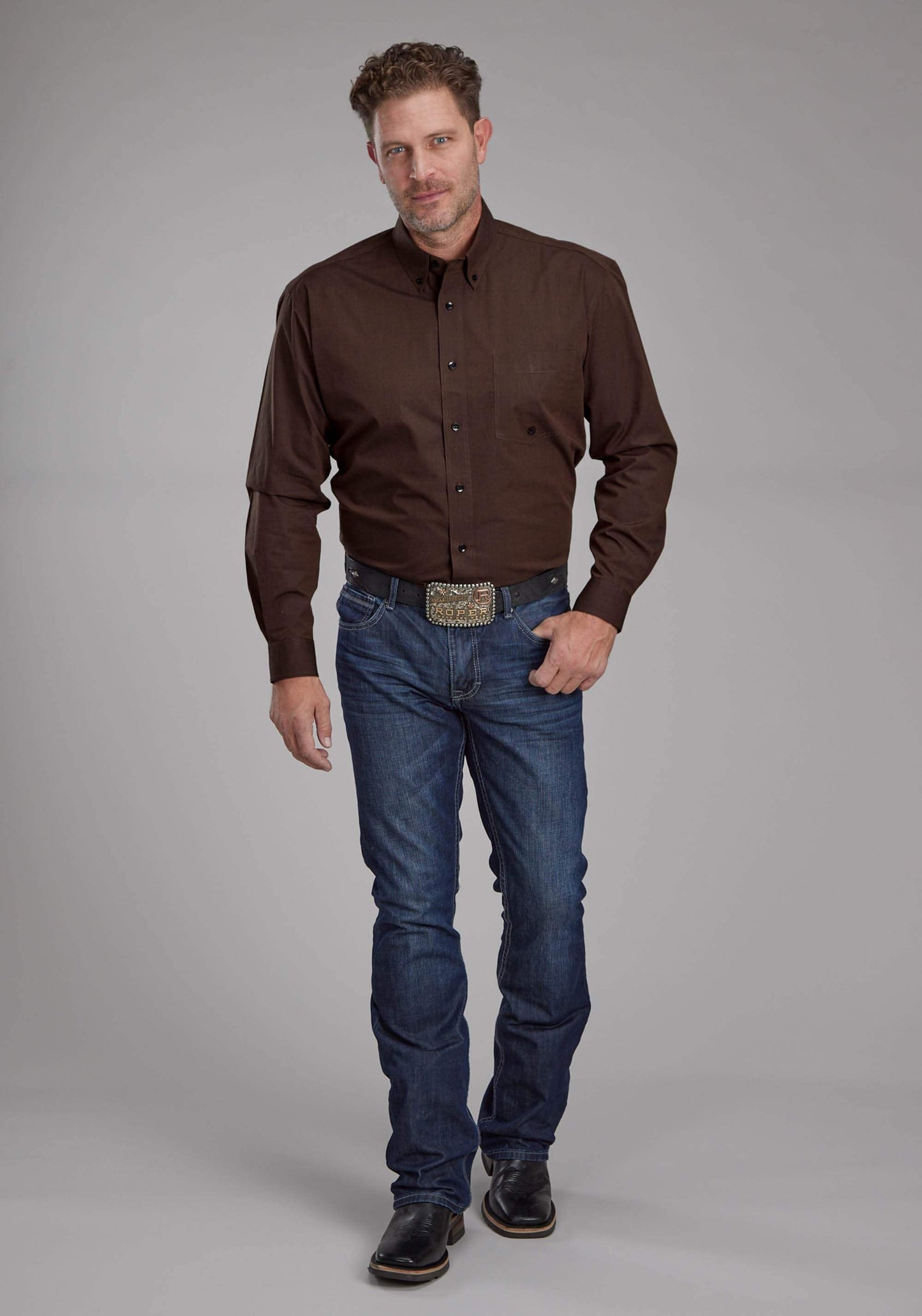 Roper Mens Black Fill Poplin - Polin Brown Long Sleeve Button Western Shirt - Roper - Flyclothing LLC