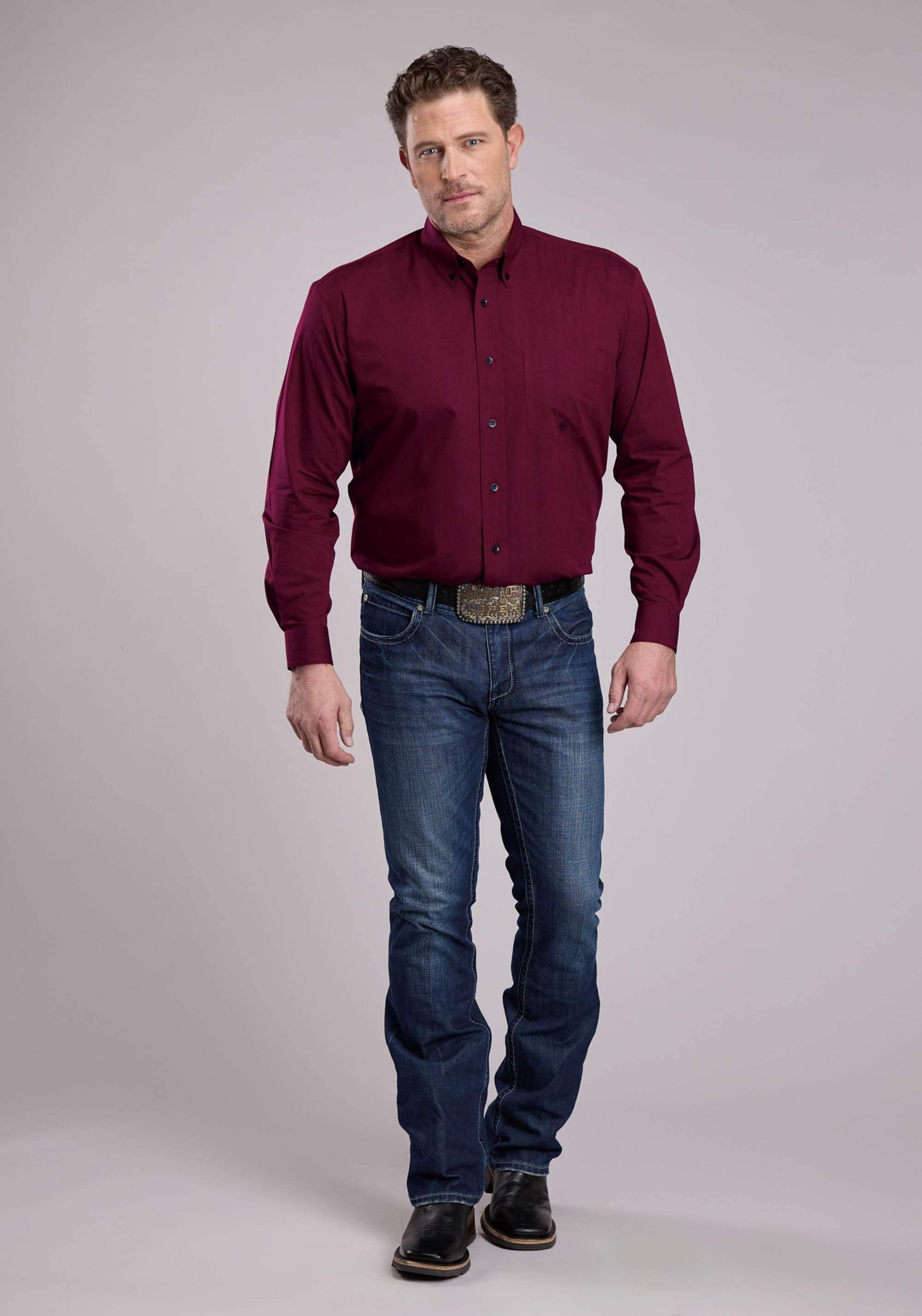 Roper Mens Long Sleeve Button Black Fill - Wine Western Shirt - Roper - Flyclothing LLC