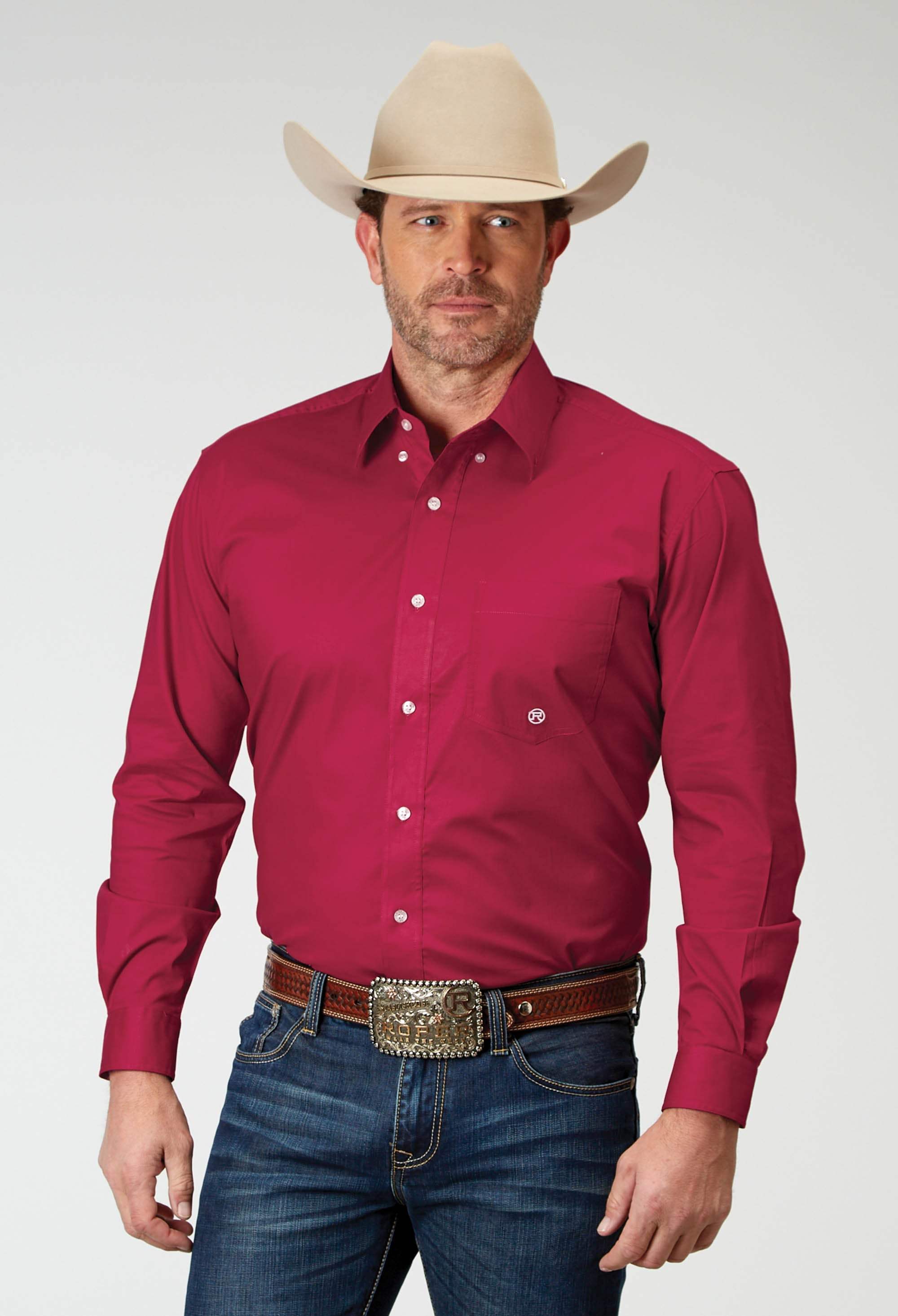 Roper Mens Long Sleeve Button Solid Poplin Stretch Red Western Shirt - Roper - Flyclothing LLC