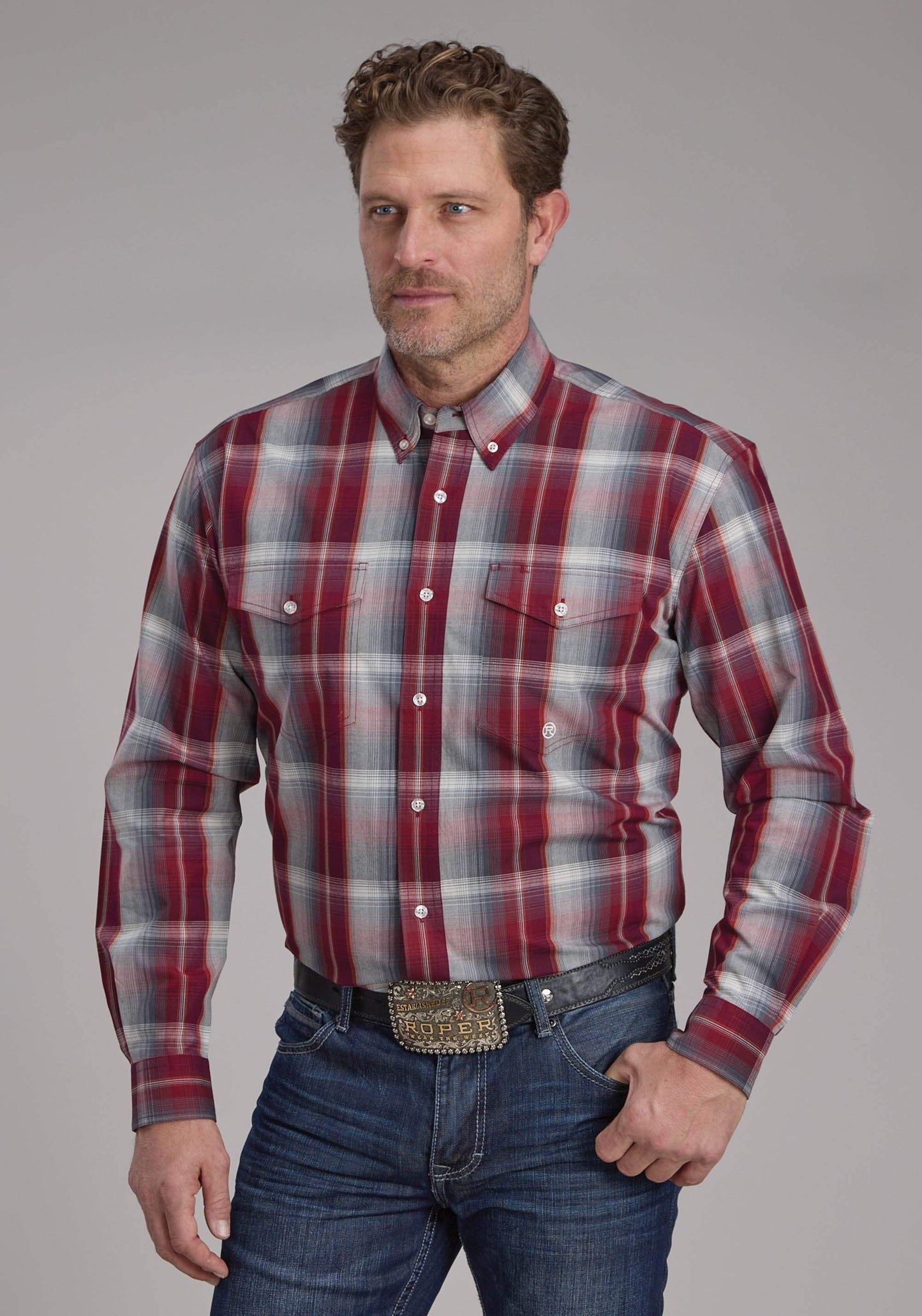 Roper Mens Wine And Smoke Plaid Long Sleeve Button Western Shirt - Roper - Flyclothing LLC