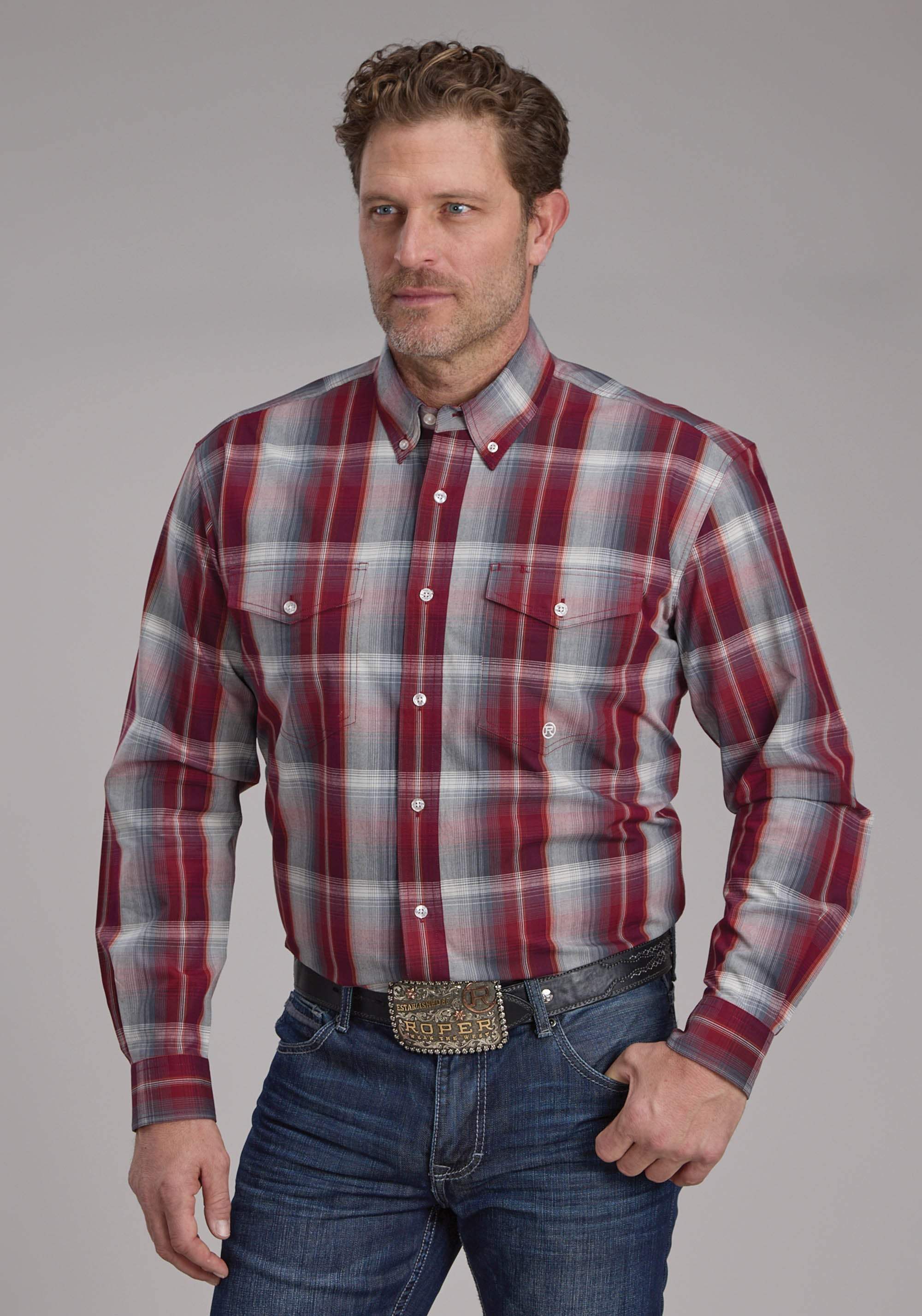 Roper Mens Wine And Smoke Plaid Long Sleeve Button Western Shirt - Roper - Flyclothing LLC