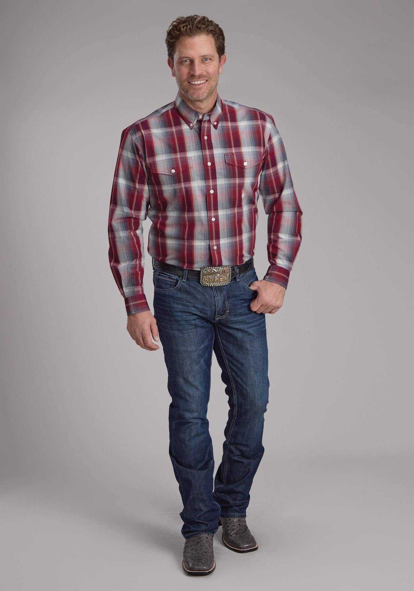 Roper Mens Wine And Smoke Plaid Long Sleeve Button Western Shirt - Roper - Flyclothing LLC