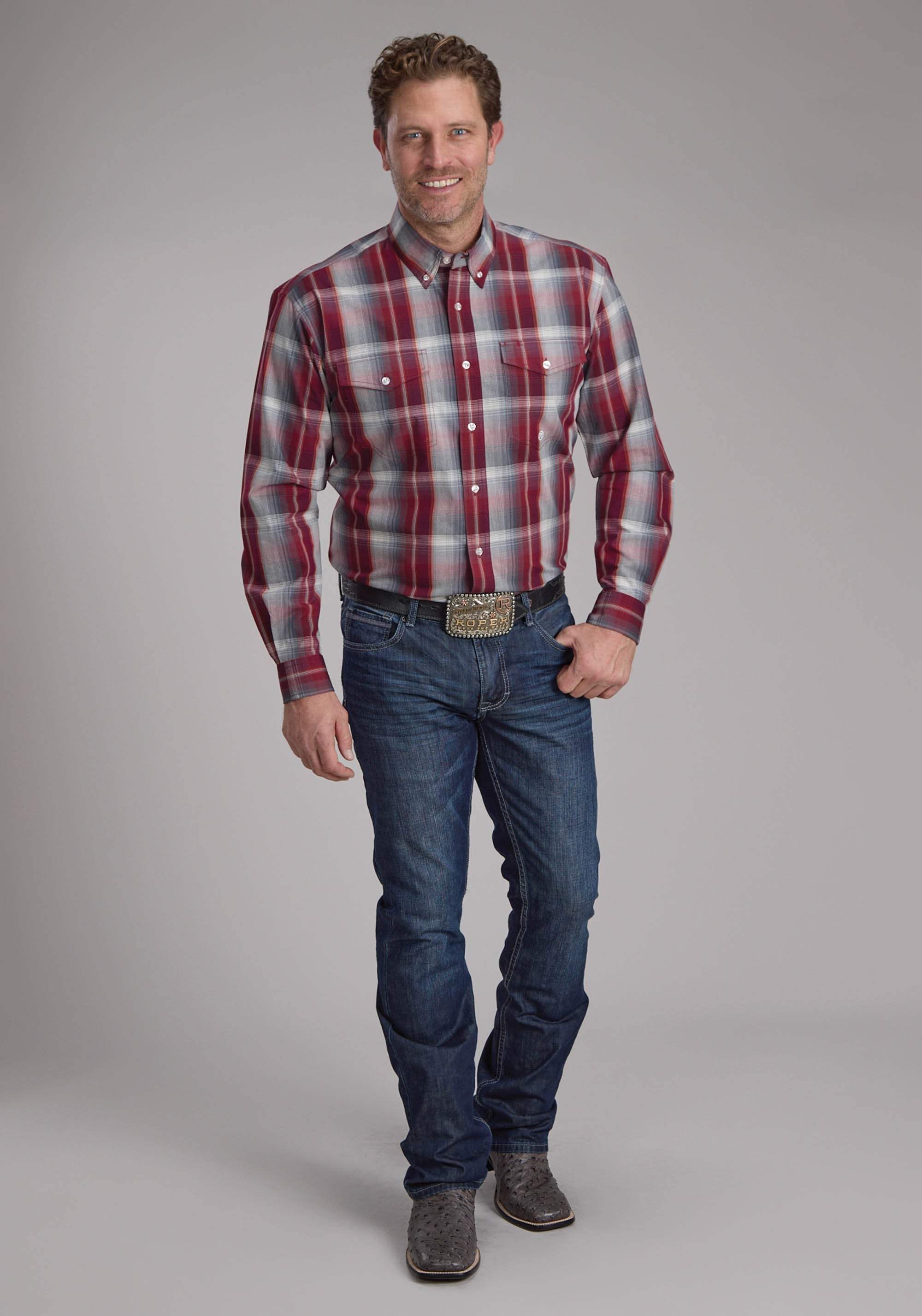Roper Mens Wine And Smoke Plaid Long Sleeve Button Western Shirt - Roper - Flyclothing LLC