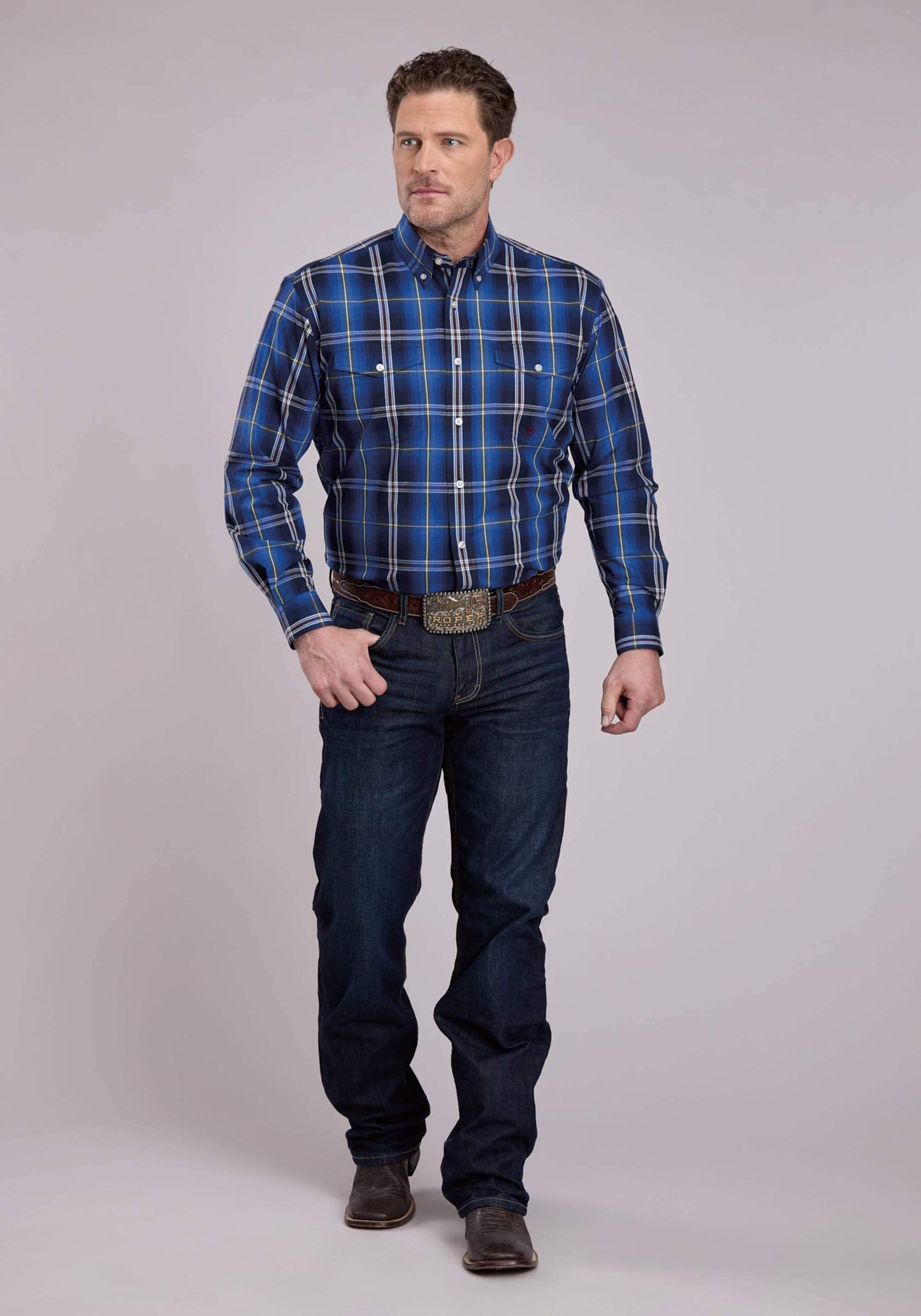 Roper Mens Long Sleeve Button Midnight Plaid Western Shirt - Roper - Flyclothing LLC