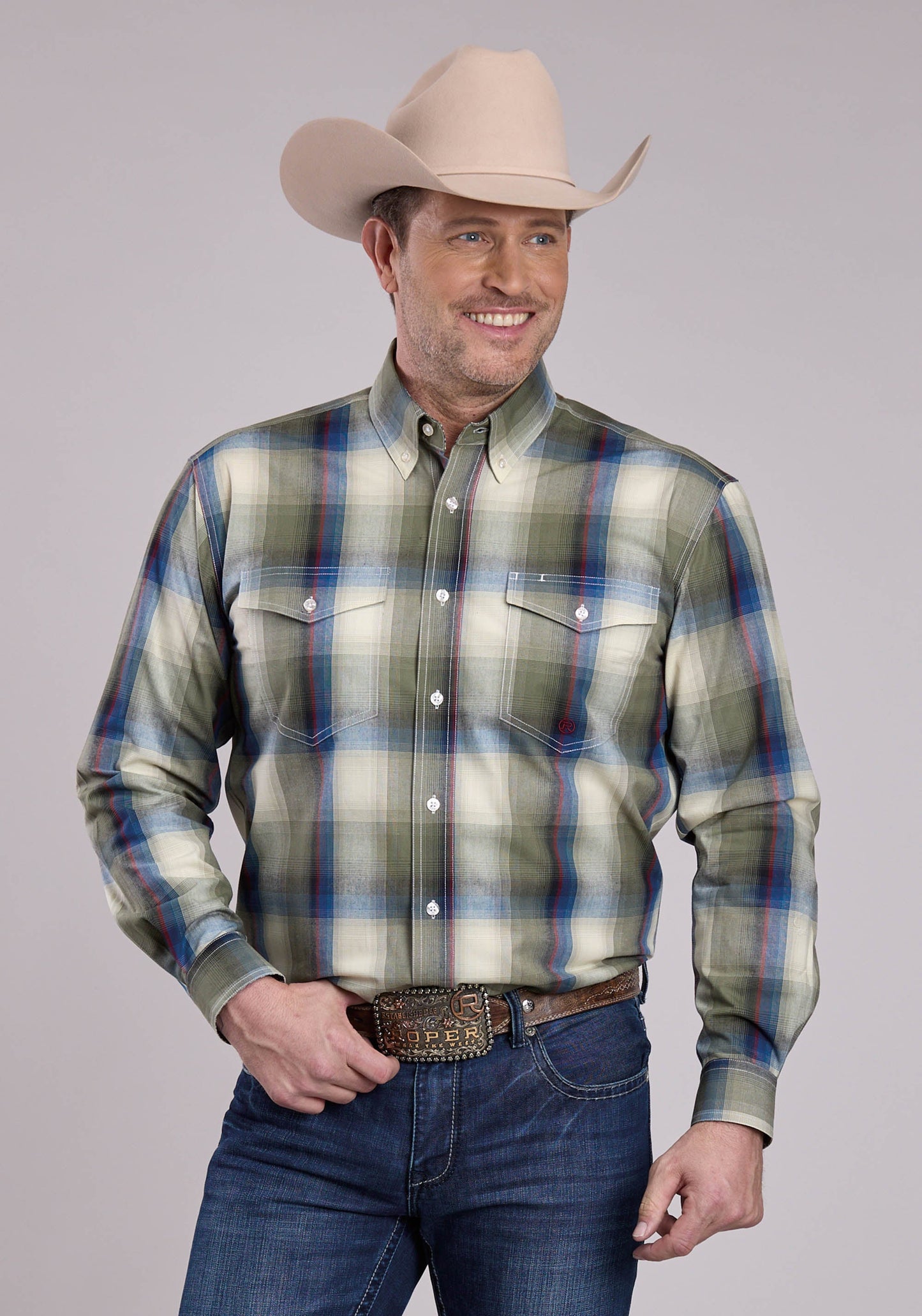 Roper Mens Long Sleeve Button Evergreen Plaid Western Shirt