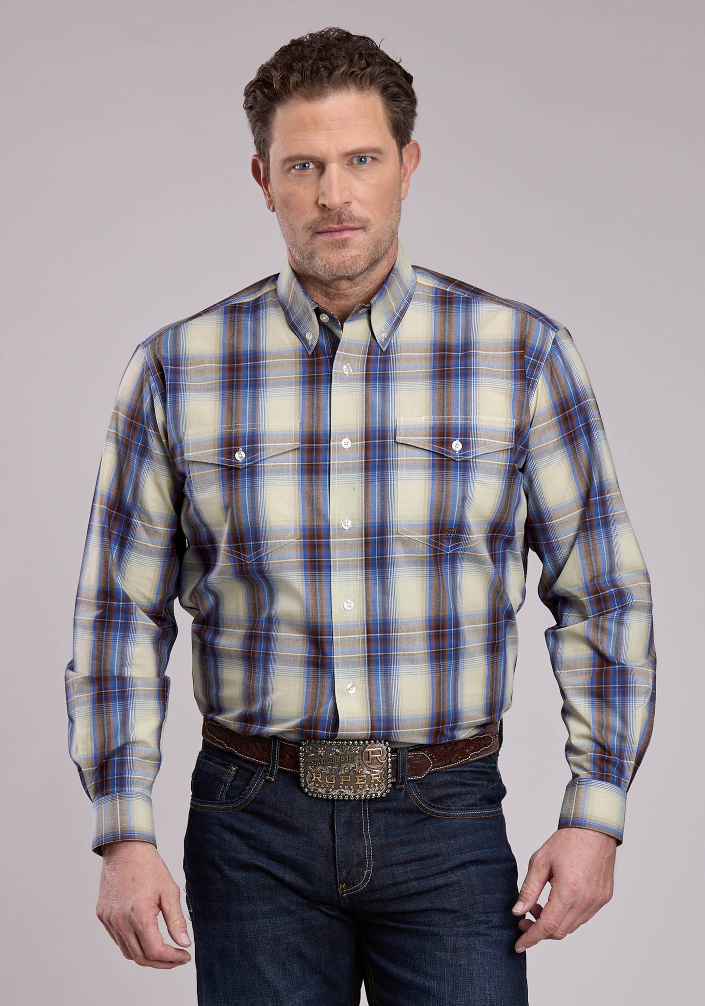 Roper Mens Long Sleeve Button Open Window Plaid Western Shirt