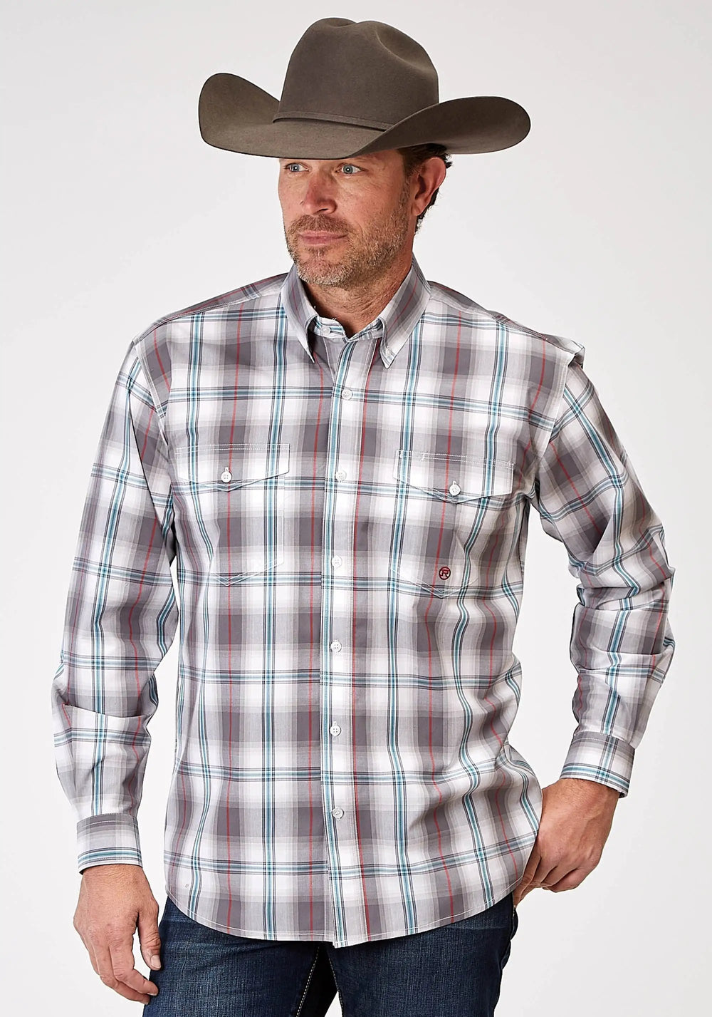 Roper Mens Long Sleeve Button Gray Cloud Plaid Western Shirt - Roper