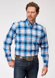 Roper Mens Long Sleeve Button Stretch Poplin Blue Plaid Western Shirt - Roper