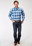 Roper Mens Long Sleeve Button Stretch Poplin Blue Plaid Western Shirt - Roper
