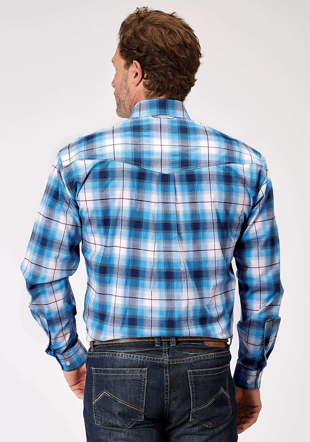 Roper Mens Long Sleeve Button Stretch Poplin Blue Plaid Western Shirt - Roper - Flyclothing LLC