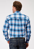 Roper Mens Long Sleeve Button Stretch Poplin Blue Plaid Western Shirt - Roper