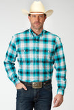 Roper Mens Long Sleeve Button Stretch Poplin Turquoise Plaid Western Shirt - Roper