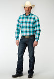 Roper Mens Long Sleeve Button Stretch Poplin Turquoise Plaid Western Shirt - Roper