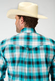 Roper Mens Long Sleeve Button Stretch Poplin Turquoise Plaid Western Shirt - Roper