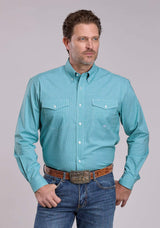 Mens Roper Stretch Minicheck Turquoise Long Sleeve Button Shirt - Roper - Flyclothing LLC