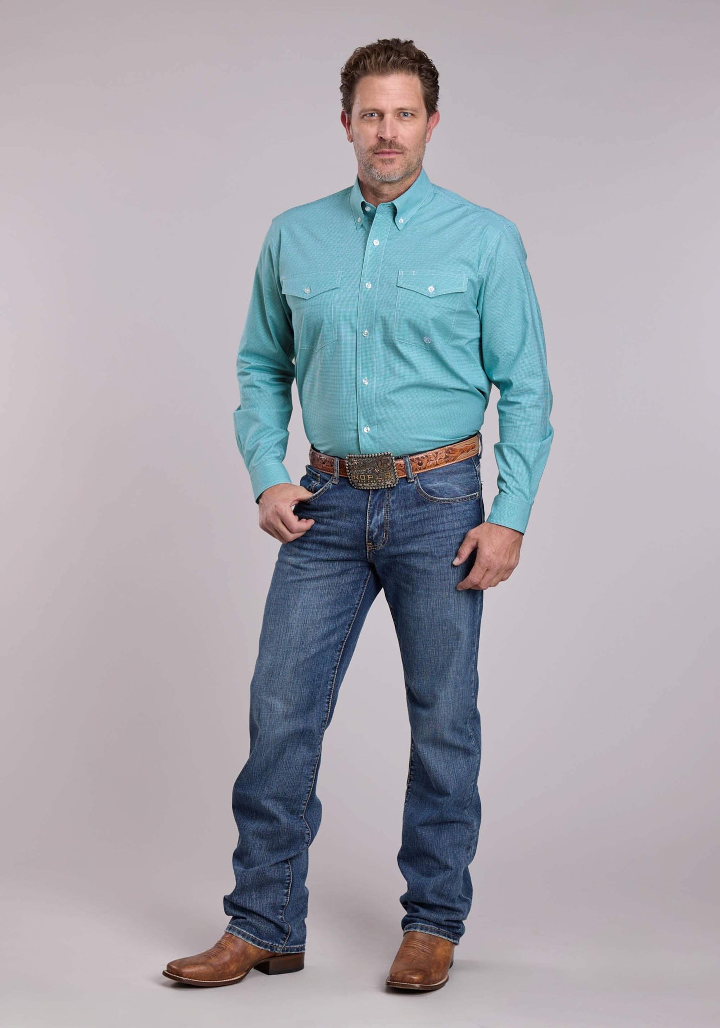 Mens Roper Stretch Minicheck Turquoise Long Sleeve Button Shirt - Roper - Flyclothing LLC
