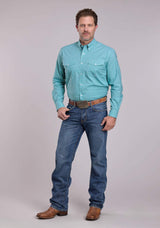 Mens Roper Stretch Minicheck Turquoise Long Sleeve Button Shirt - Roper - Flyclothing LLC