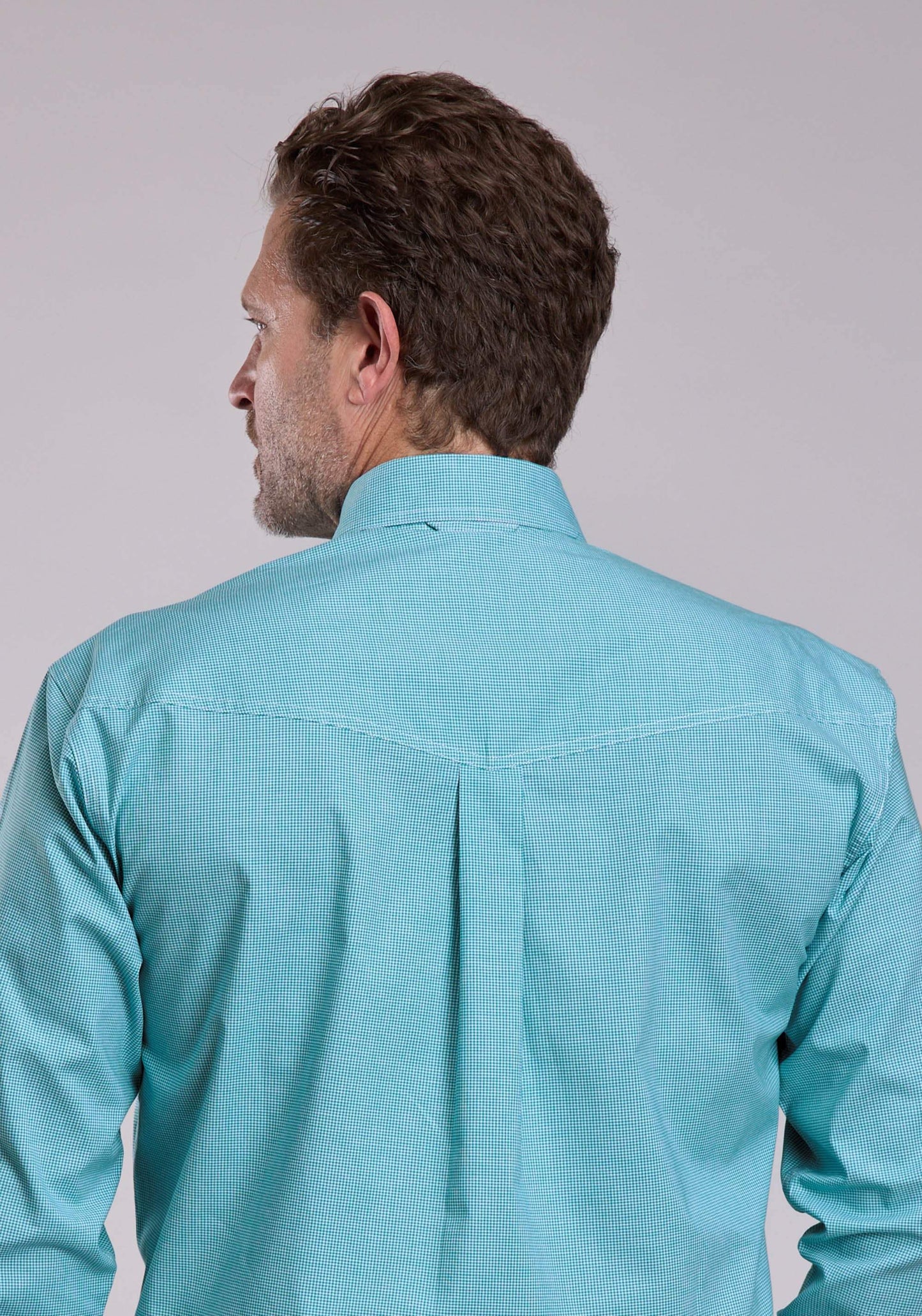 Mens Roper Stretch Minicheck Turquoise Long Sleeve Button Shirt - Roper - Flyclothing LLC