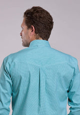 Mens Roper Stretch Minicheck Turquoise Long Sleeve Button Shirt - Roper - Flyclothing LLC