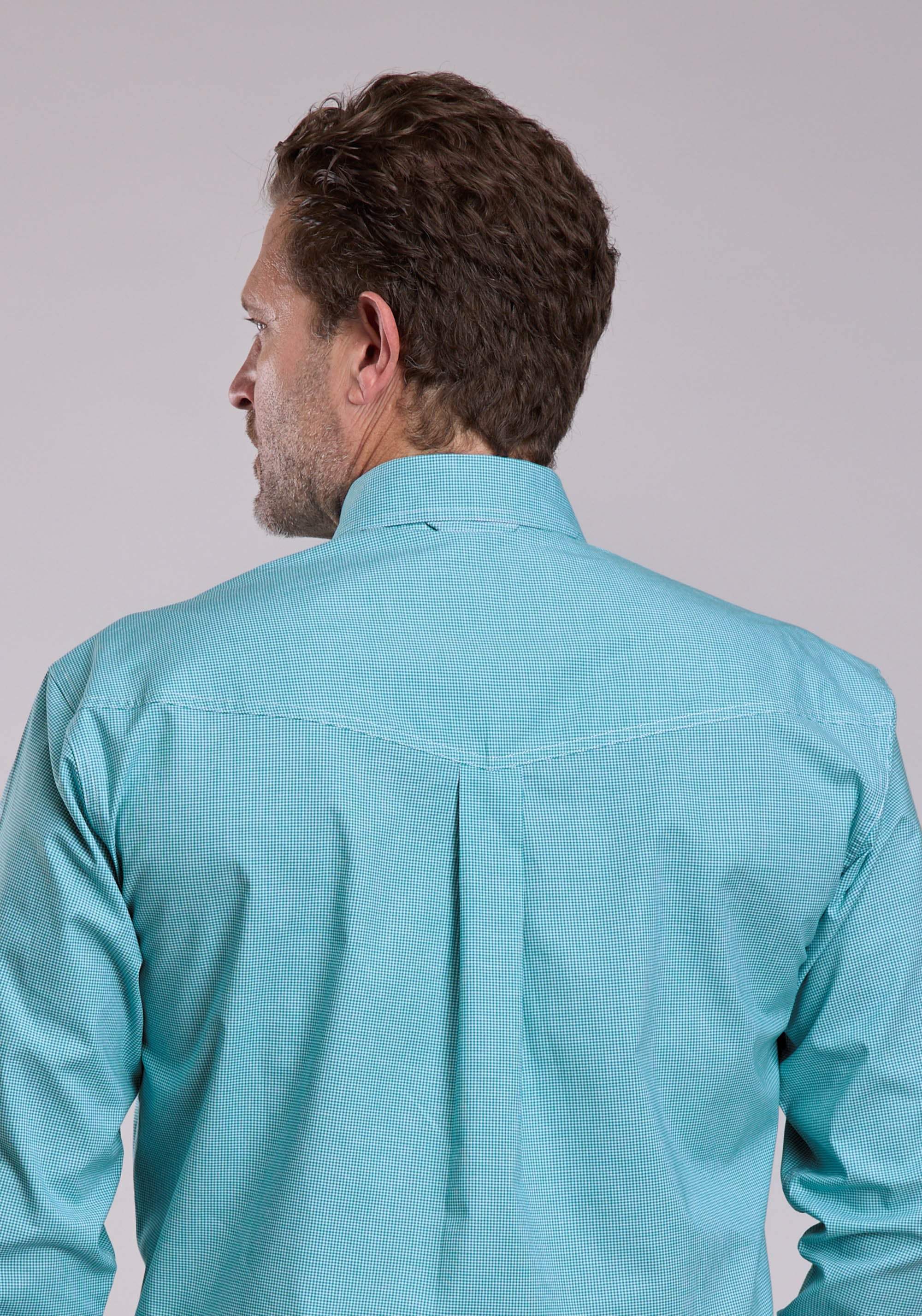 Mens Roper Stretch Minicheck Turquoise Long Sleeve Button Shirt - Roper - Flyclothing LLC