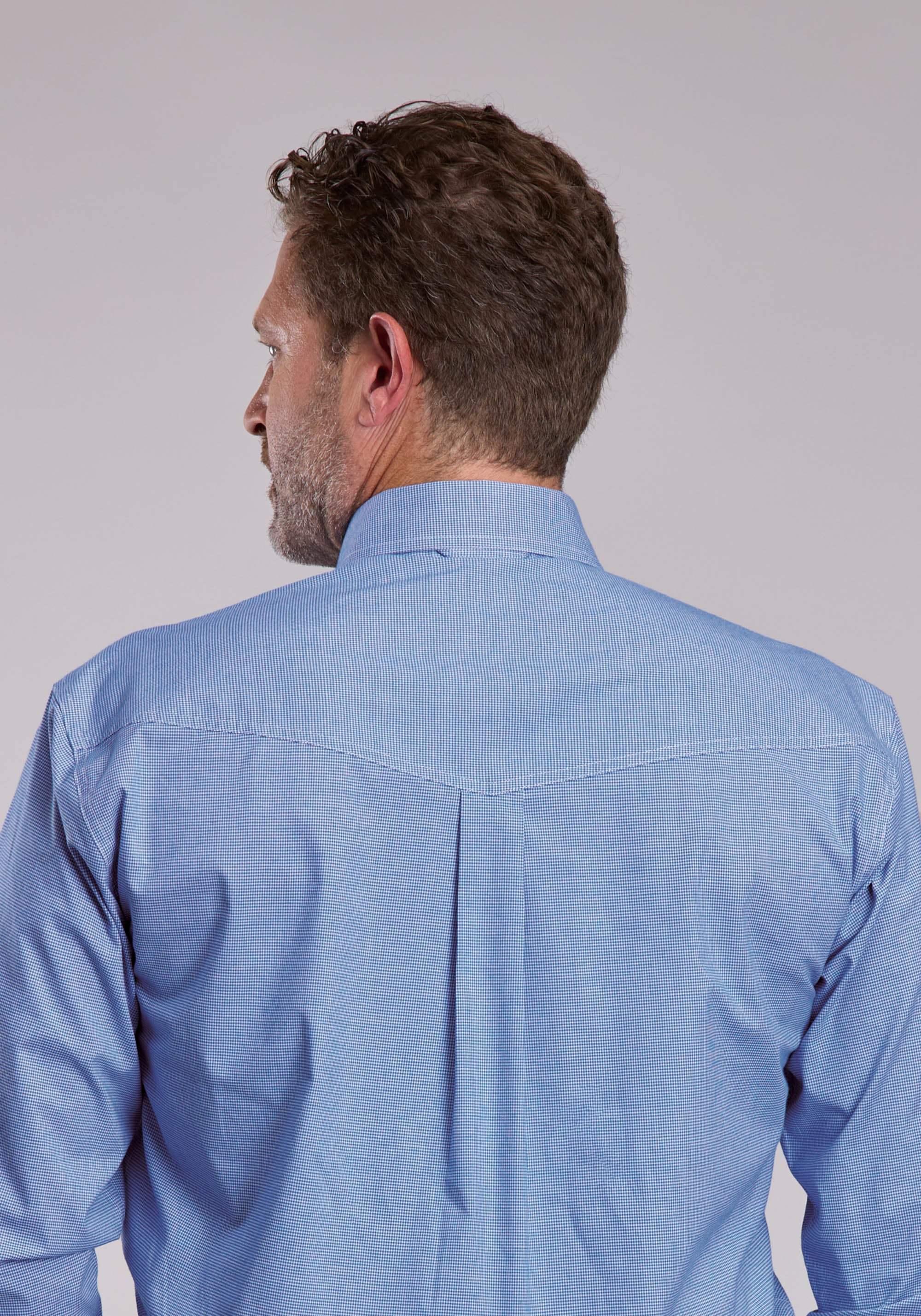 Mens Roper Stretch Mini Check Blue Long Sleeve Button Shirt - Roper - Flyclothing LLC