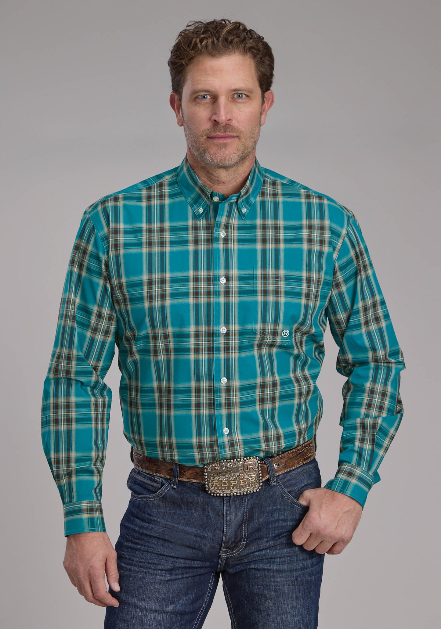 Roper Mens Real Teal Plaid Long Sleeve Button Western Shirt