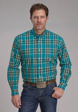 Roper Mens Real Teal Plaid Long Sleeve Button Western Shirt