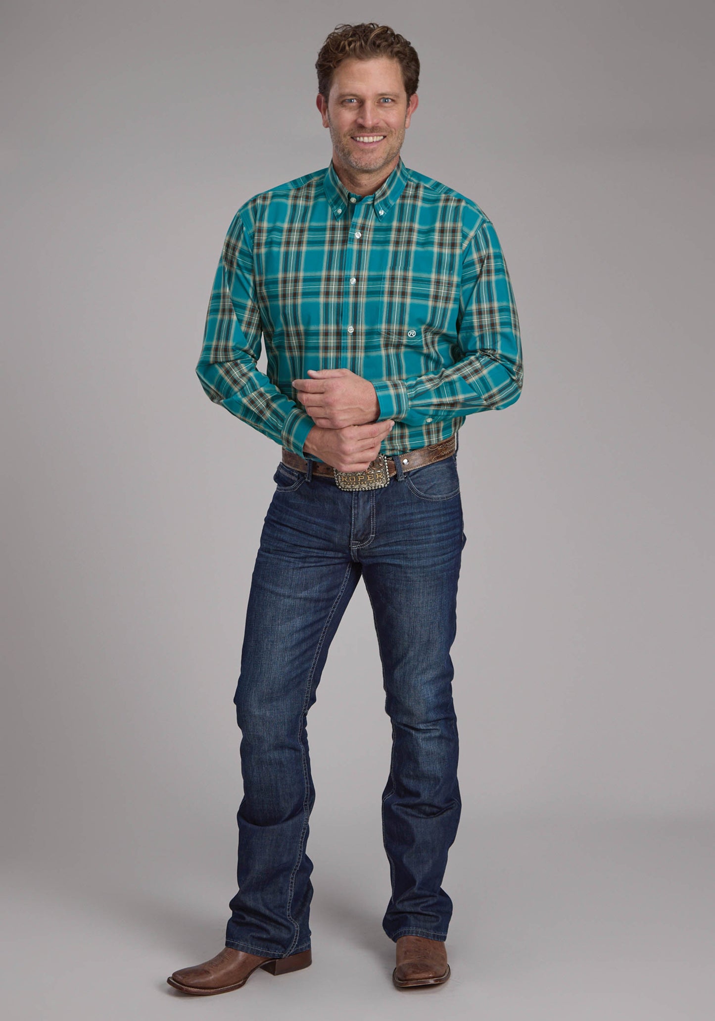 Roper Mens Real Teal Plaid Long Sleeve Button Western Shirt
