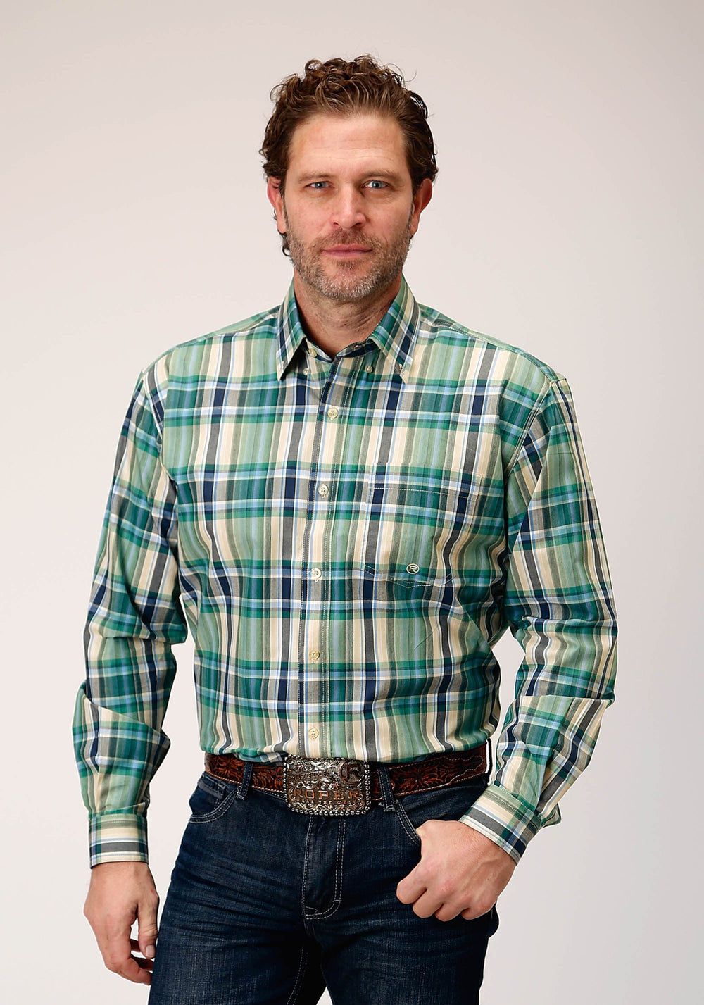 Roper Mens Long Sleeve Button Ocean Plaid Western Shirt - Roper