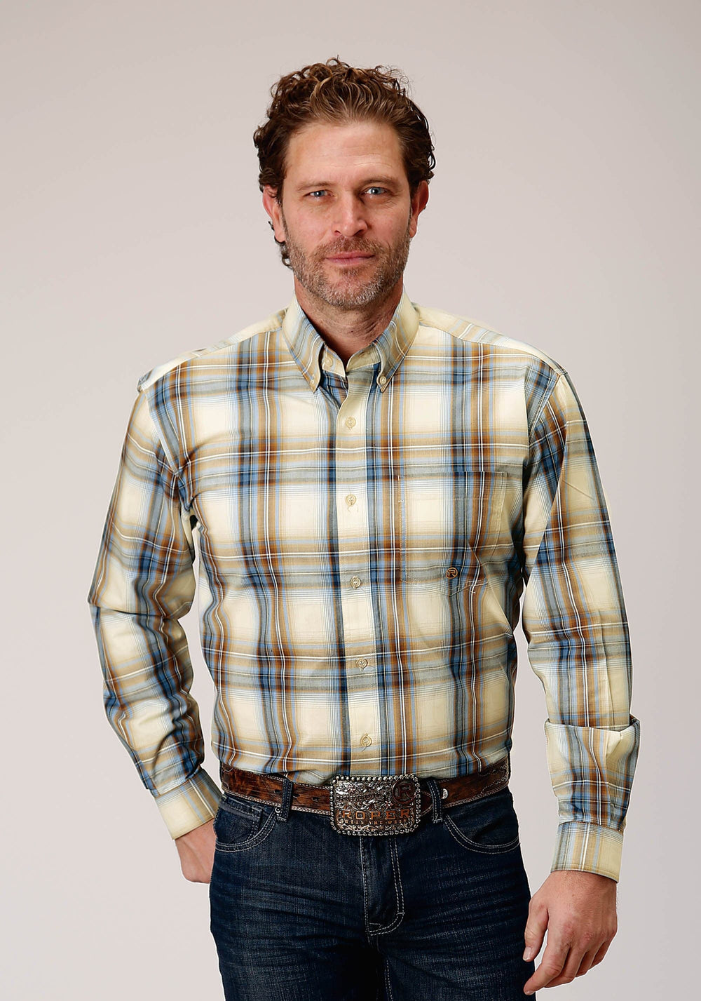 Roper Mens Long Sleeve Button Desert Blue Plaid Western Shirt - Roper