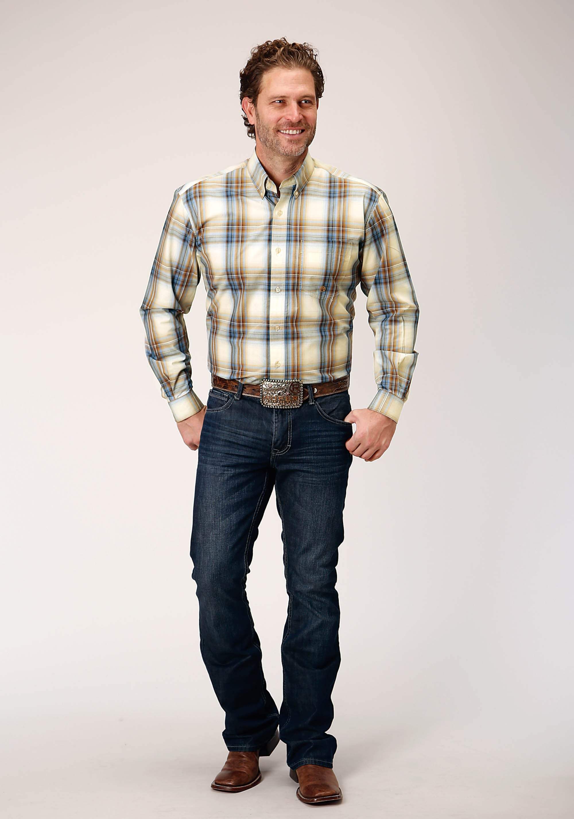 Roper Mens Long Sleeve Button Desert Blue Plaid Western Shirt - Roper - Flyclothing LLC