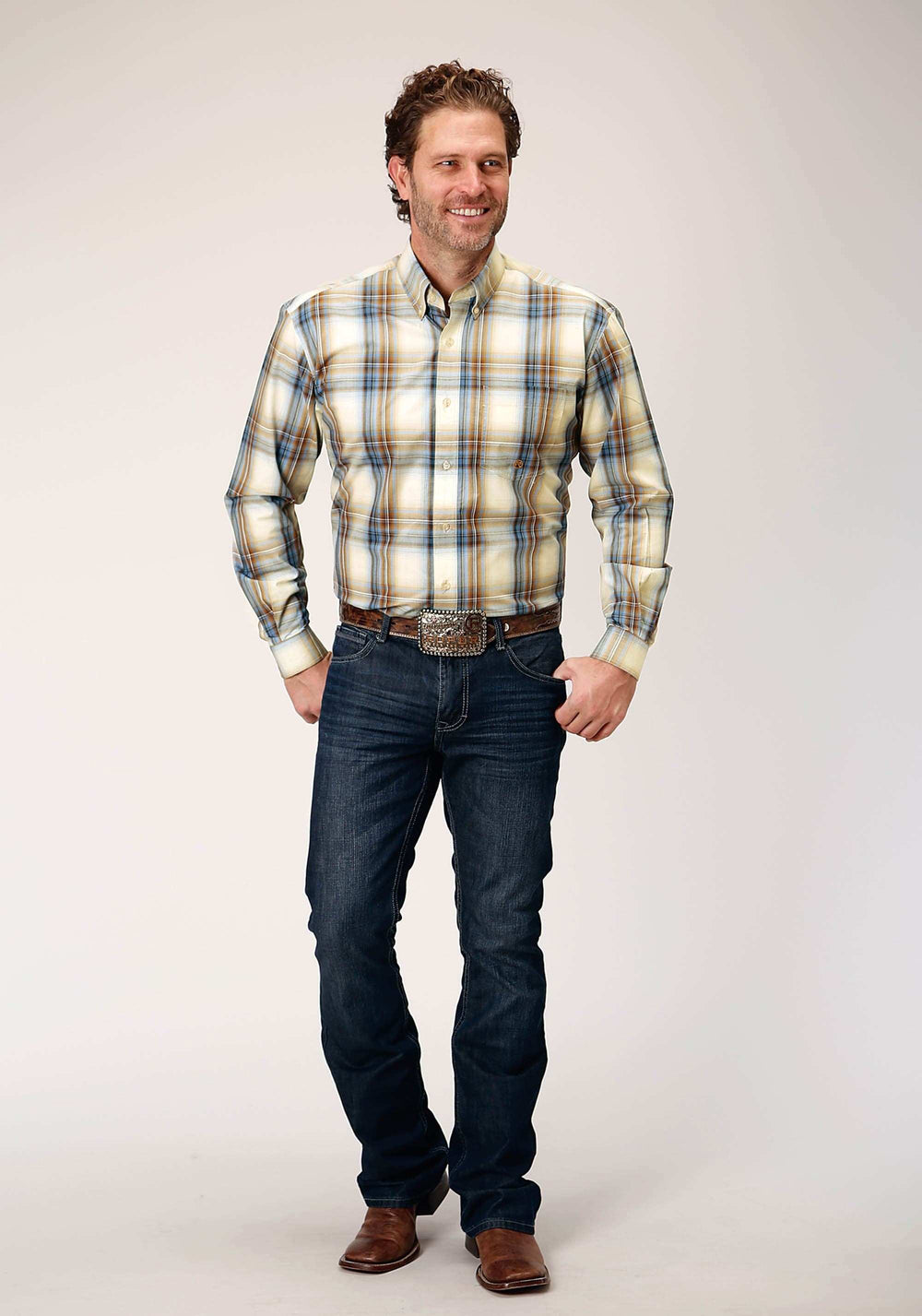 Roper Mens Long Sleeve Button Desert Blue Plaid Western Shirt - Roper - Flyclothing LLC