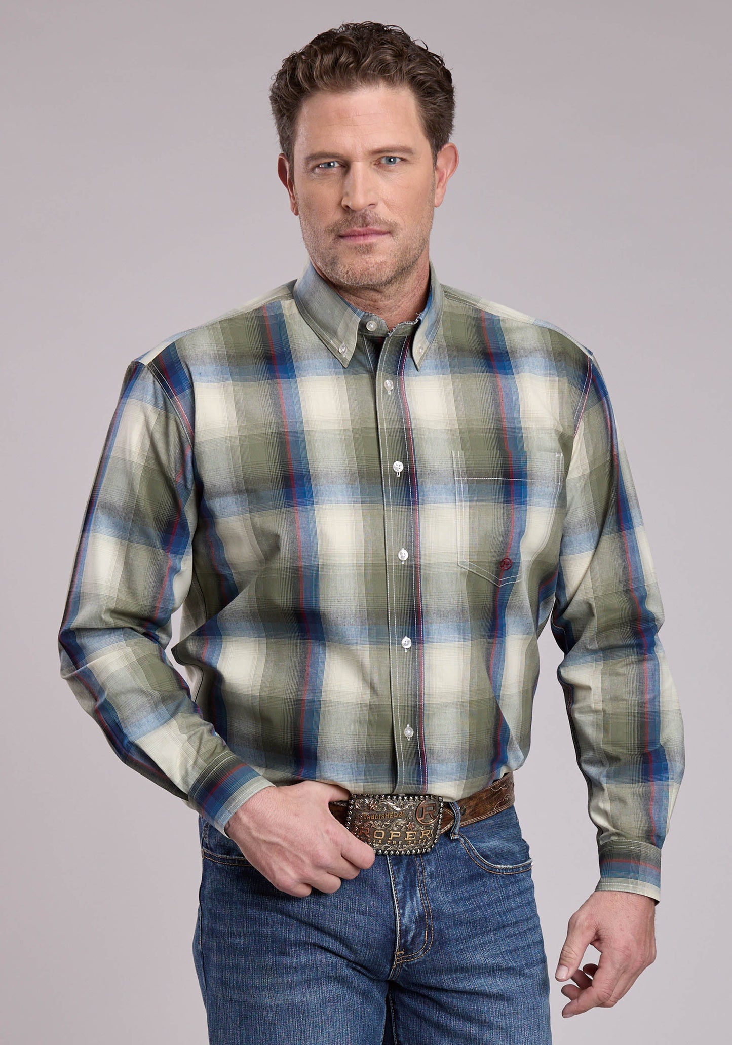 Roper Mens Long Sleeve Button Evergreen Plaid Western Shirt