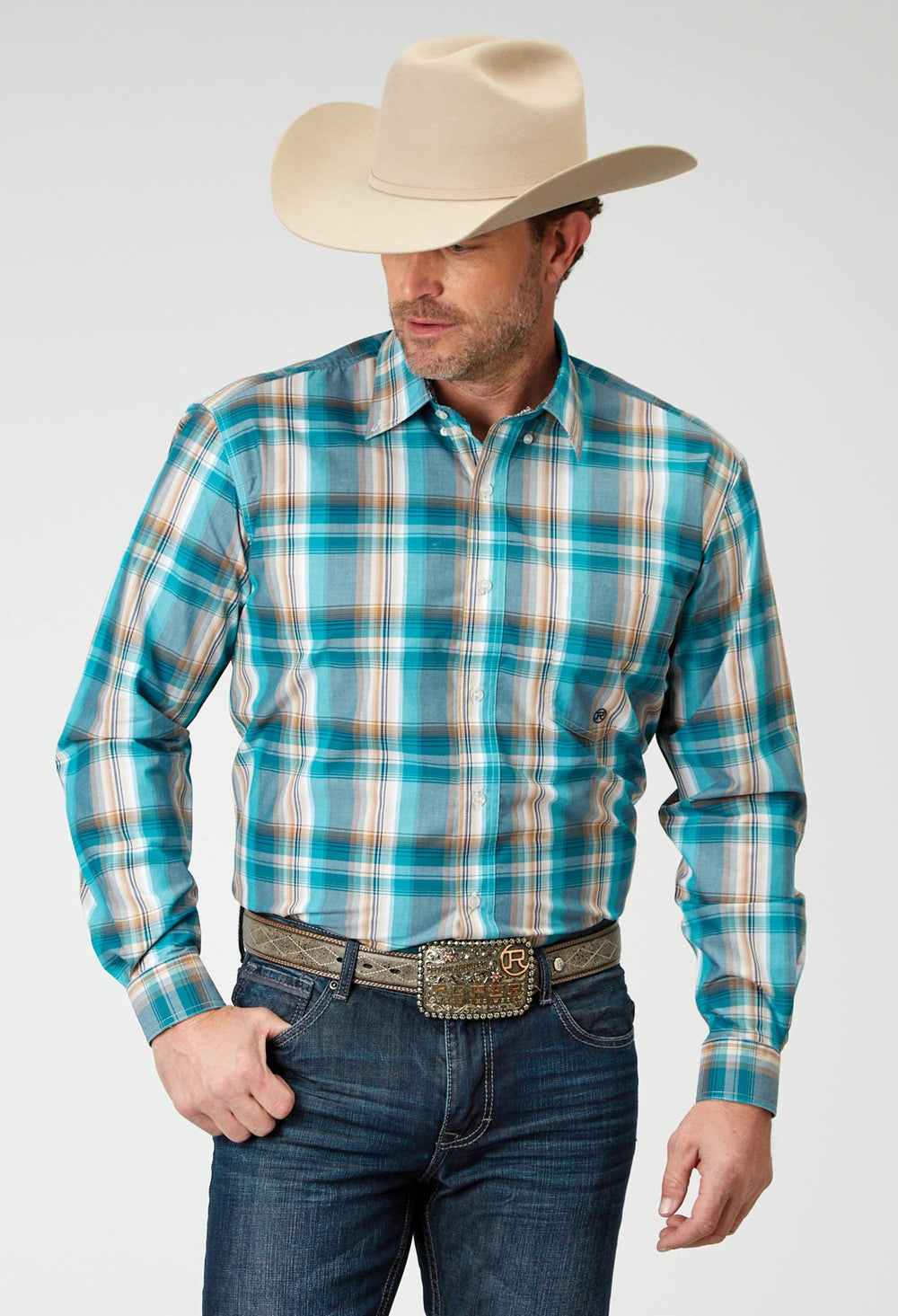 Roper Mens Long Sleeve Button Waters Edge Plaid Western Shirt - Roper