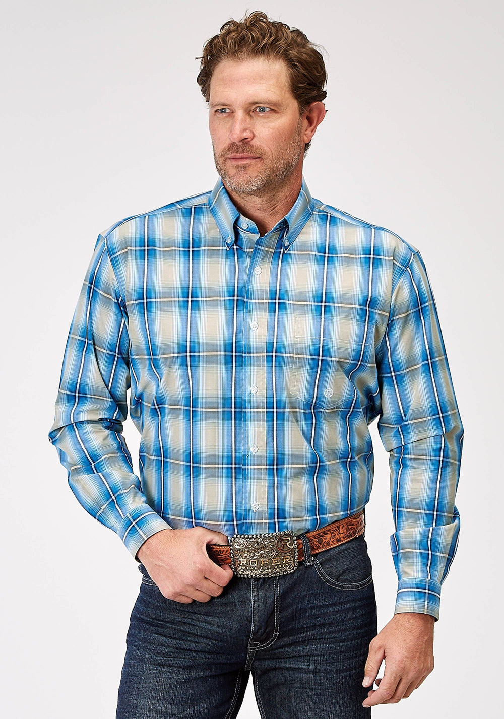Roper Mens Long Sleeve Button Chicory Ombre Plaid Western Shirt - Roper