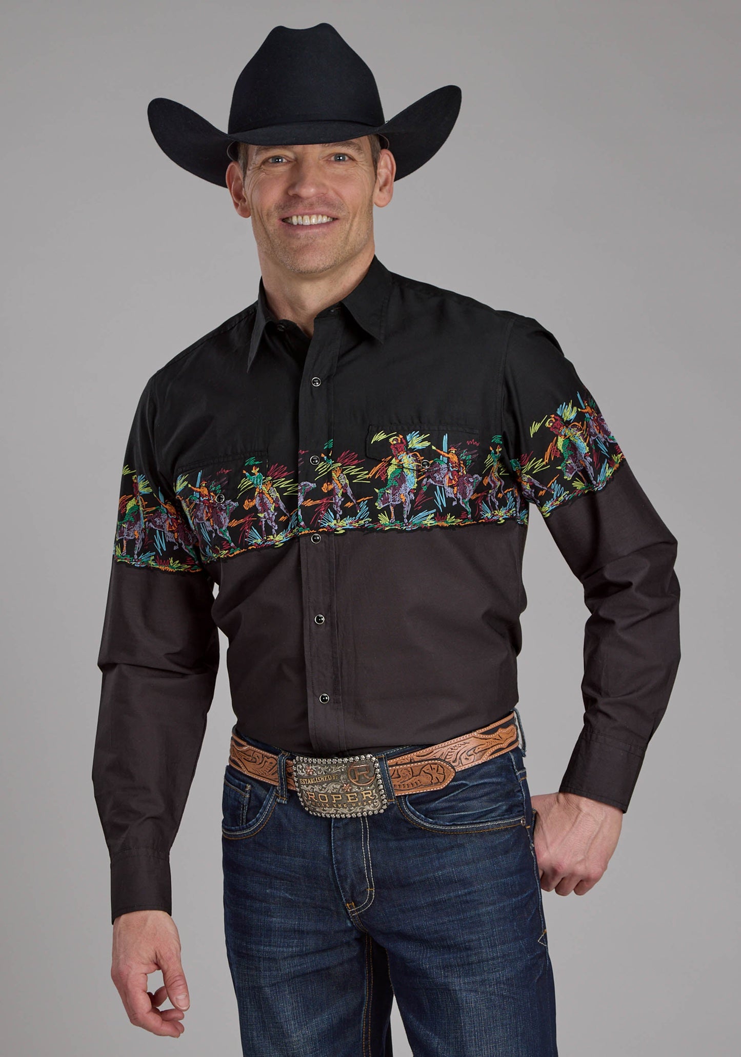 Roper Mens Scribble Bullriders Border Scenic Long Sleeve Snap Western 