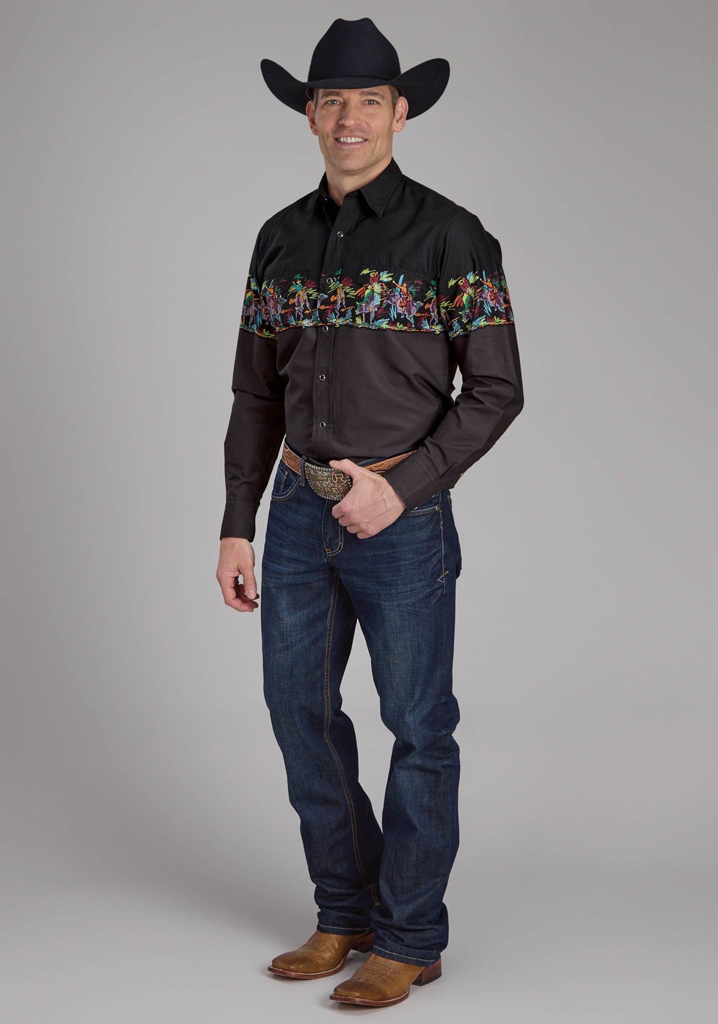Roper Mens Scribble Bullriders Border Scenic Long Sleeve Snap Western Shirt
