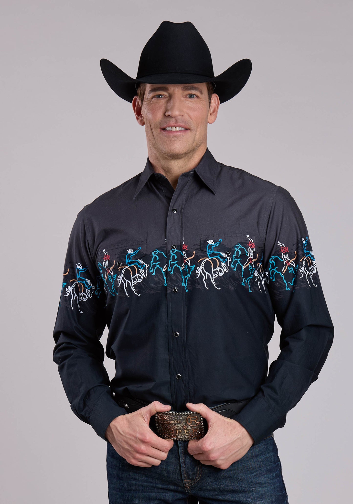 Roper Mens Long Sleeve Snap Painterly Rodeo Border Scenic Print Wester