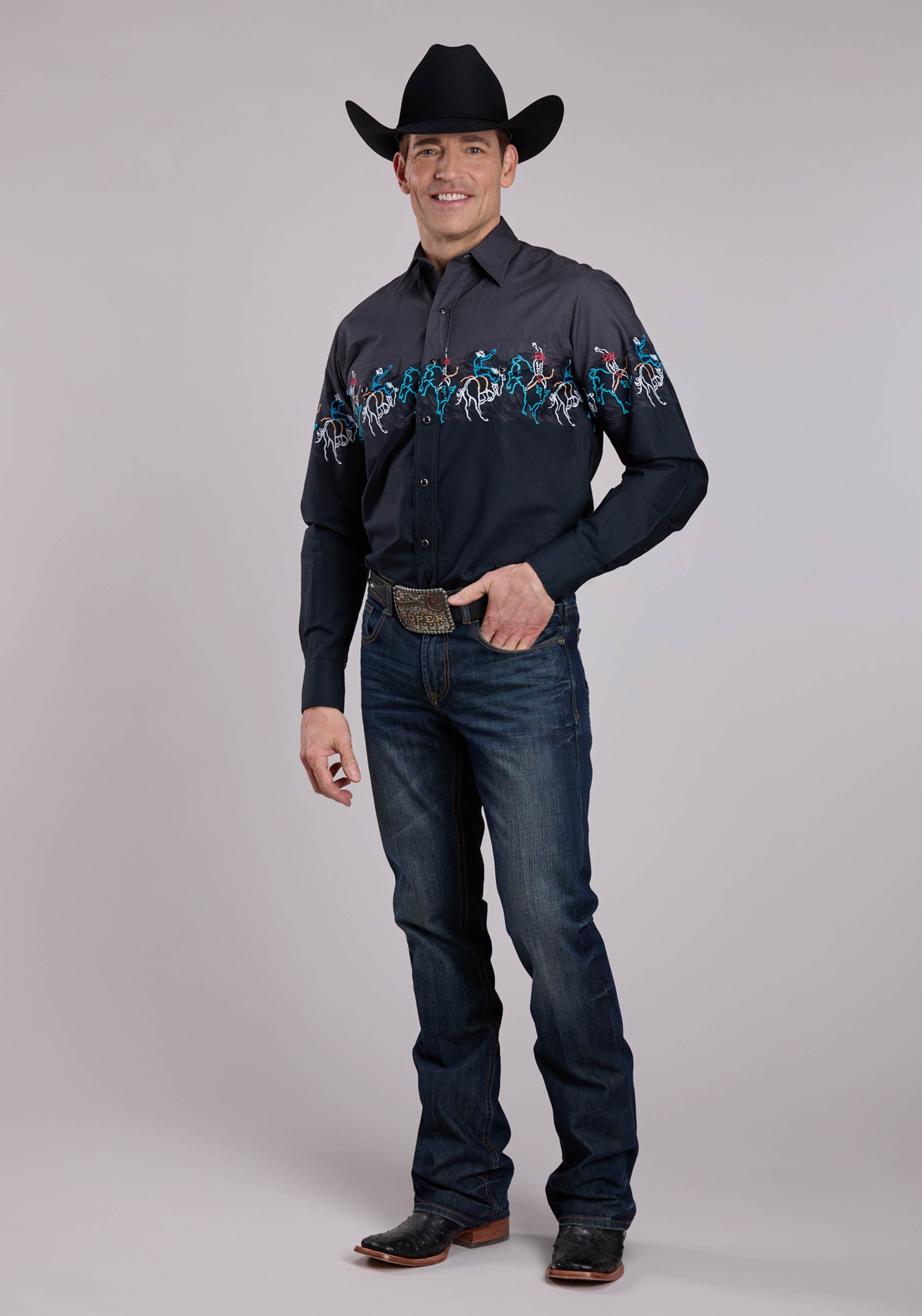 Roper Mens Long Sleeve Snap Painterly Rodeo Border Scenic Print Western Shirt