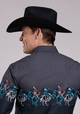 Roper Mens Long Sleeve Snap Painterly Rodeo Border Scenic Print Western Shirt