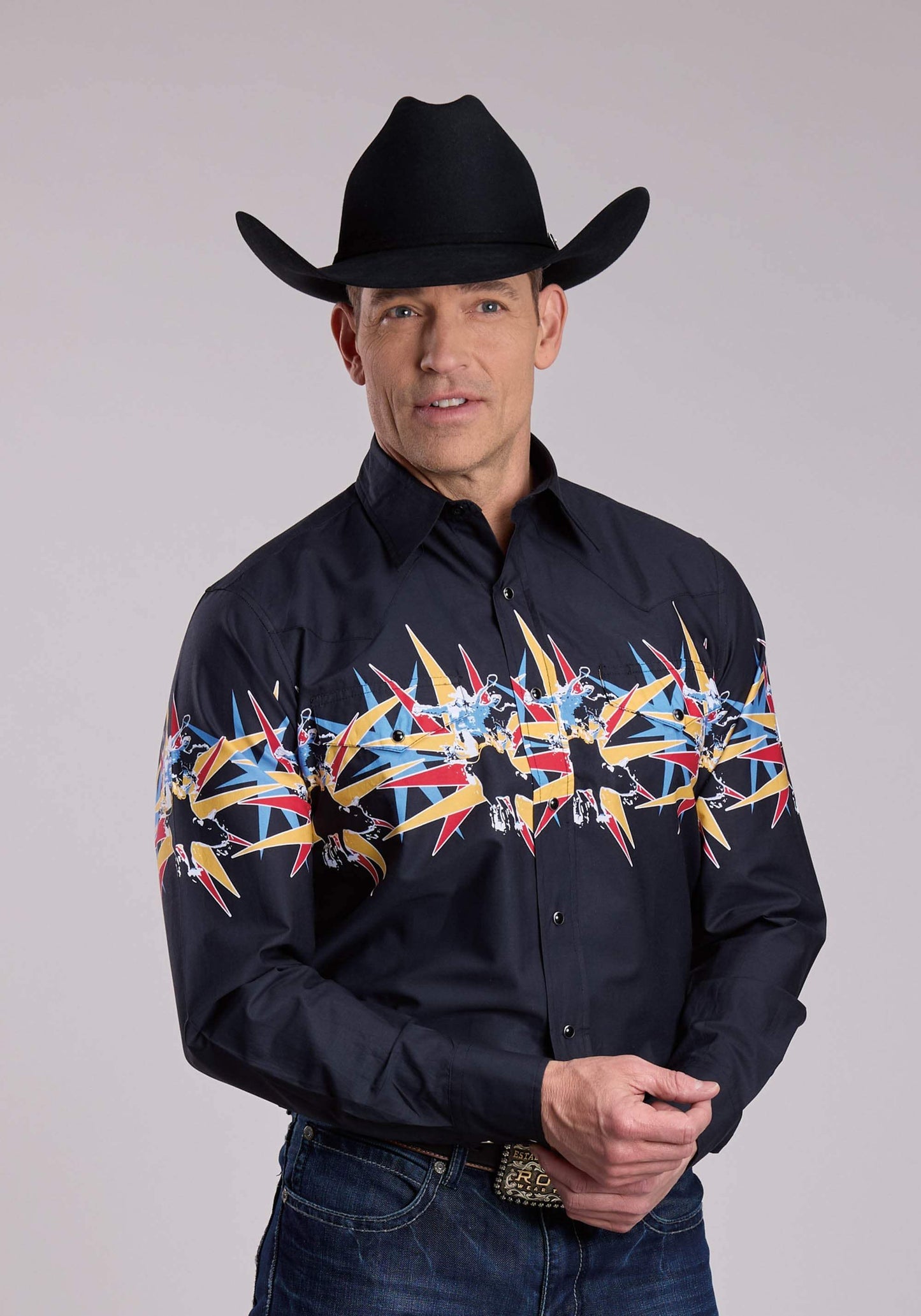 Mens Roper Star Bull Border Long Sleeve Snap Shirt - Roper - Flyclothing LLC