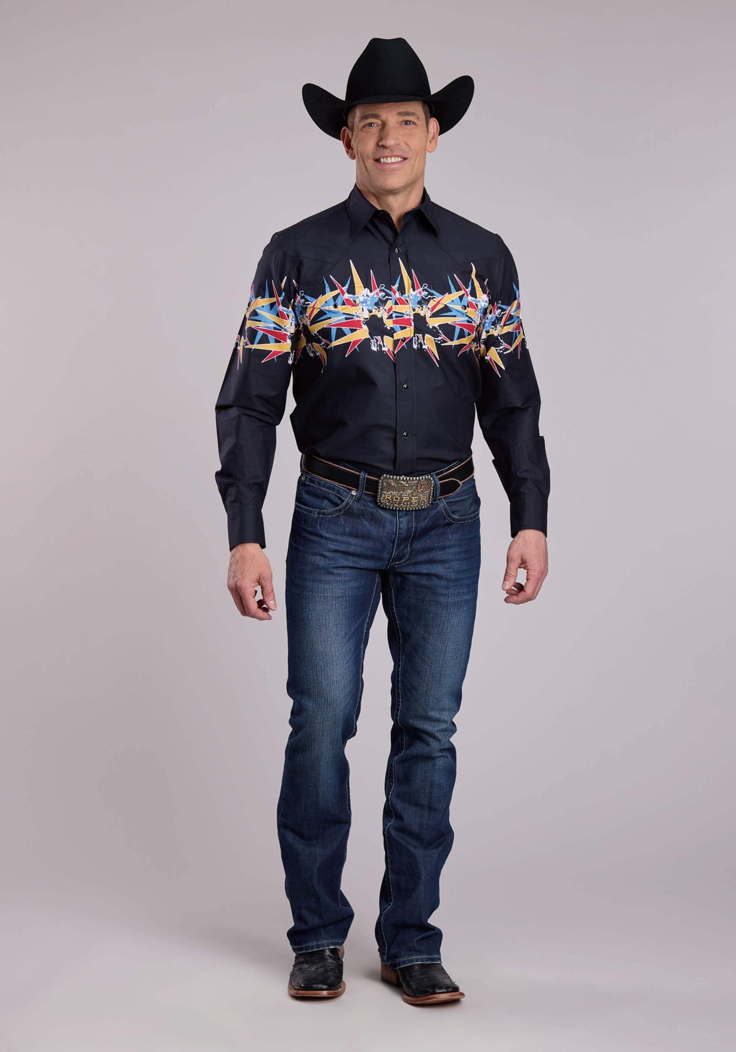 Mens Roper Star Bull Border Long Sleeve Snap Shirt - Roper - Flyclothing LLC