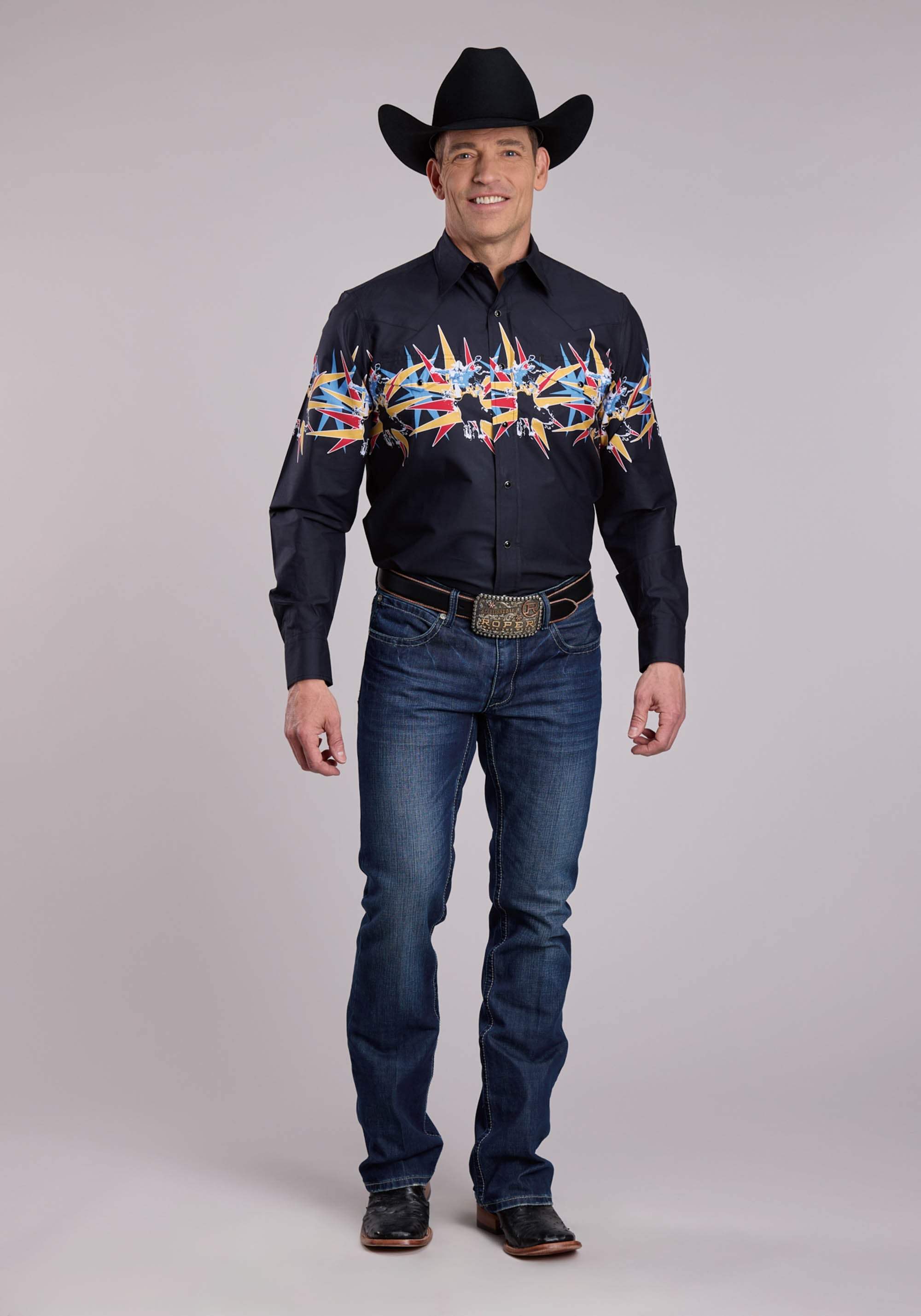 Mens Roper Star Bull Border Long Sleeve Snap Shirt - Roper - Flyclothing LLC